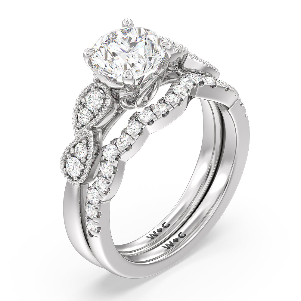 Vintage Art Deco Leaf Diamond Wedding Band with Platinum Cut Diamond in 14KT Platinum view 4
