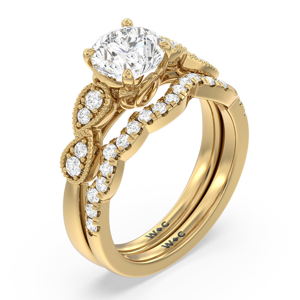 Vintage Art Deco Leaf Diamond Wedding Band with 18KT Yellow Gold Cut Diamond in 14KT Yellow Gold view 4
