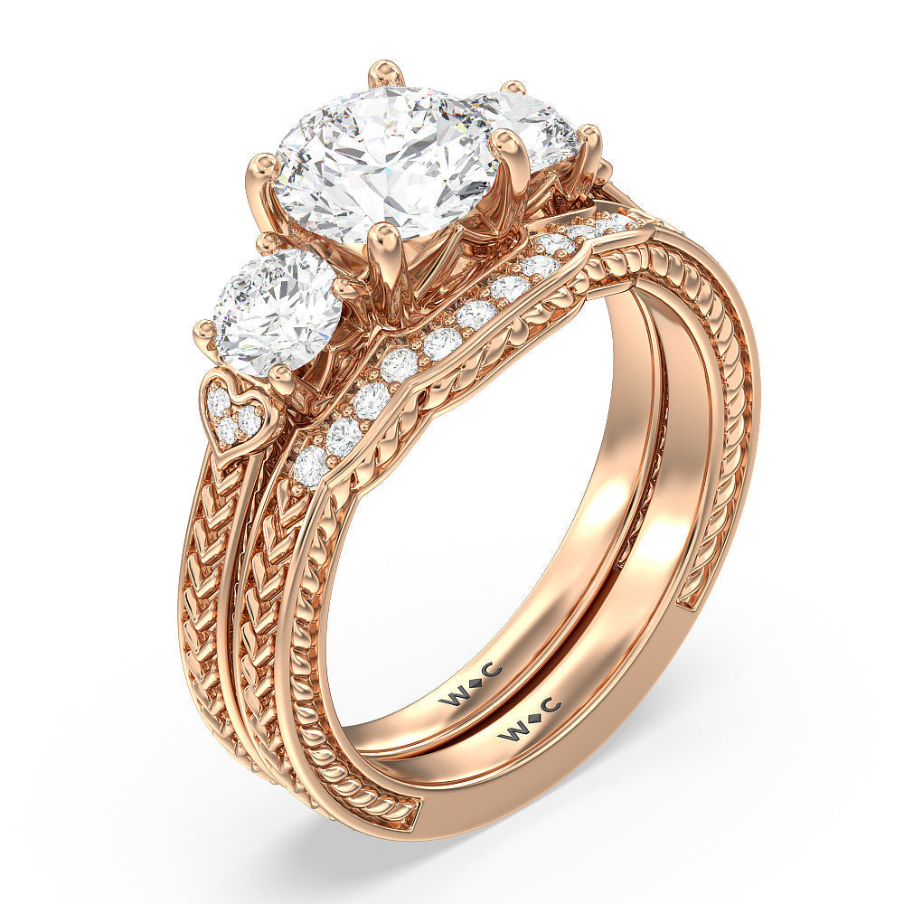 Vintage Curved Amore Three Stone Diamond Wedding Band with 18KT Rose Gold Cut Diamond in 14KT Rose Gold view 3
