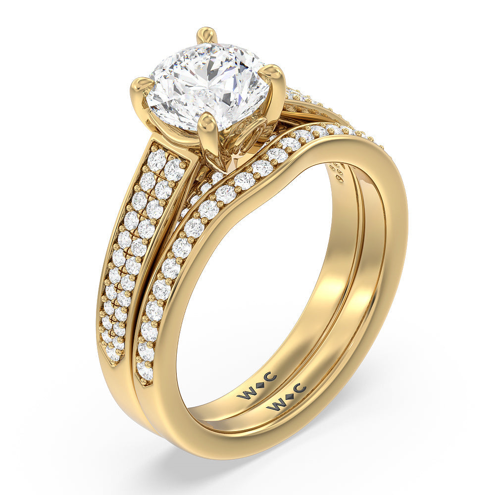 Vintage Flourish Hidden Halo Diamond Wedding Band with 18KT Yellow Gold Cut Diamond in 14KT Yellow Gold view 4
