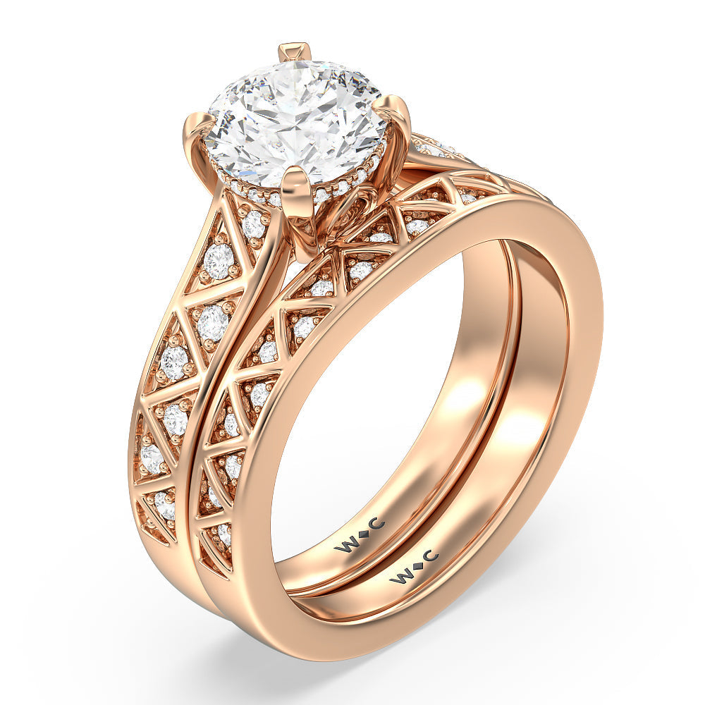 Vintage Zigzag Hidden Halo Diamond Wedding Band with 18KT Rose Gold Cut Diamond in 14KT Rose Gold view 3
