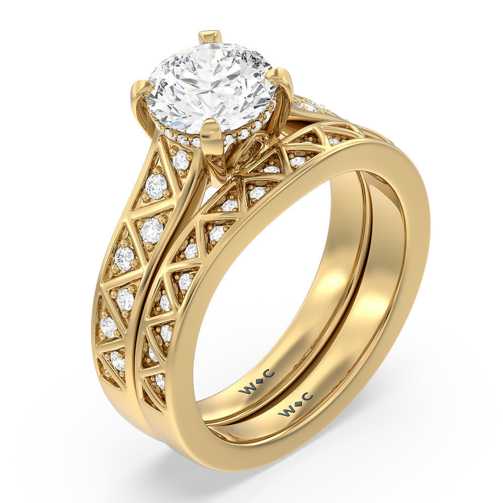 Vintage Zigzag Hidden Halo Diamond Wedding Band with 18KT Yellow Gold Cut Diamond in 14KT Yellow Gold view 3
