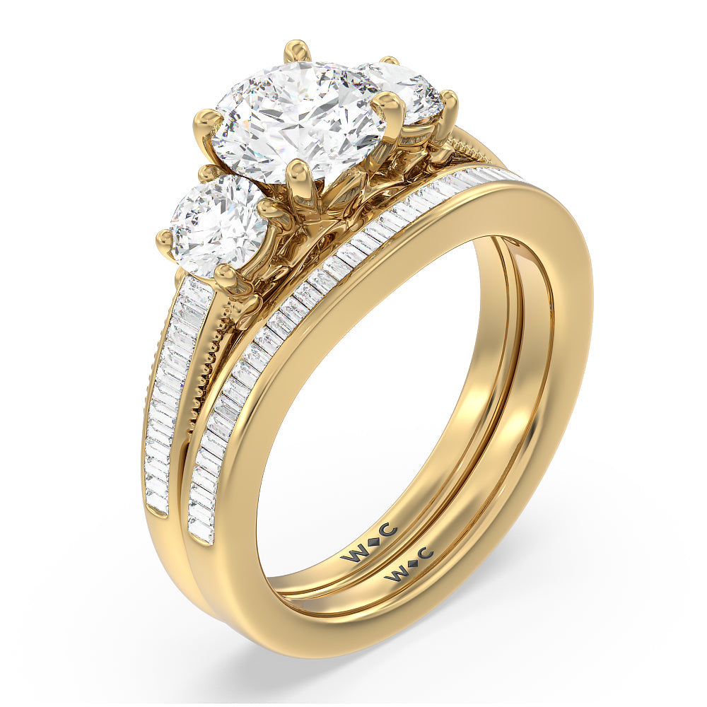 Vintage Grapevine 3 Stone Diamond Wedding Band with 18KT Yellow Gold Cut Diamond in 14KT Yellow Gold view 3
