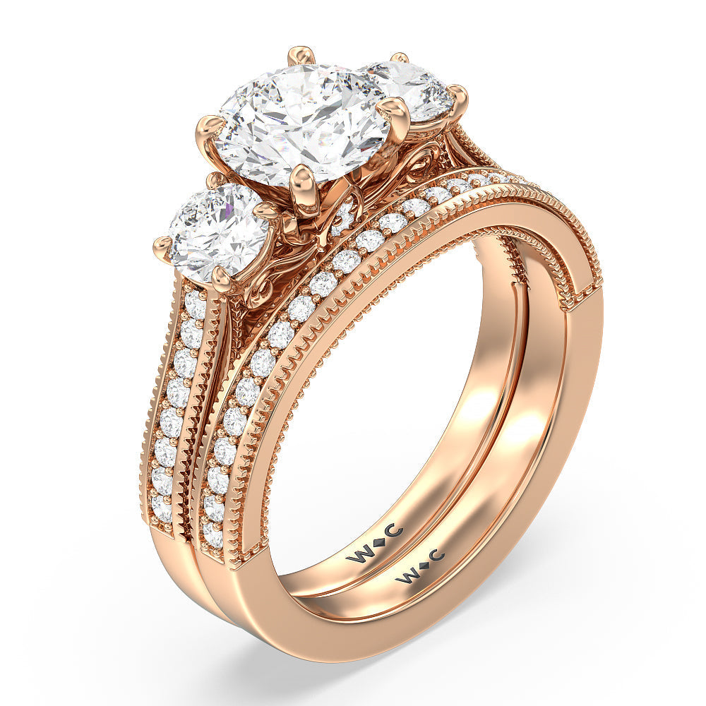 Vintage Grapevine Classic 3 Stone Diamond Wedding Band with 18KT Rose Gold Cut Diamond in 14KT Rose Gold view 3
