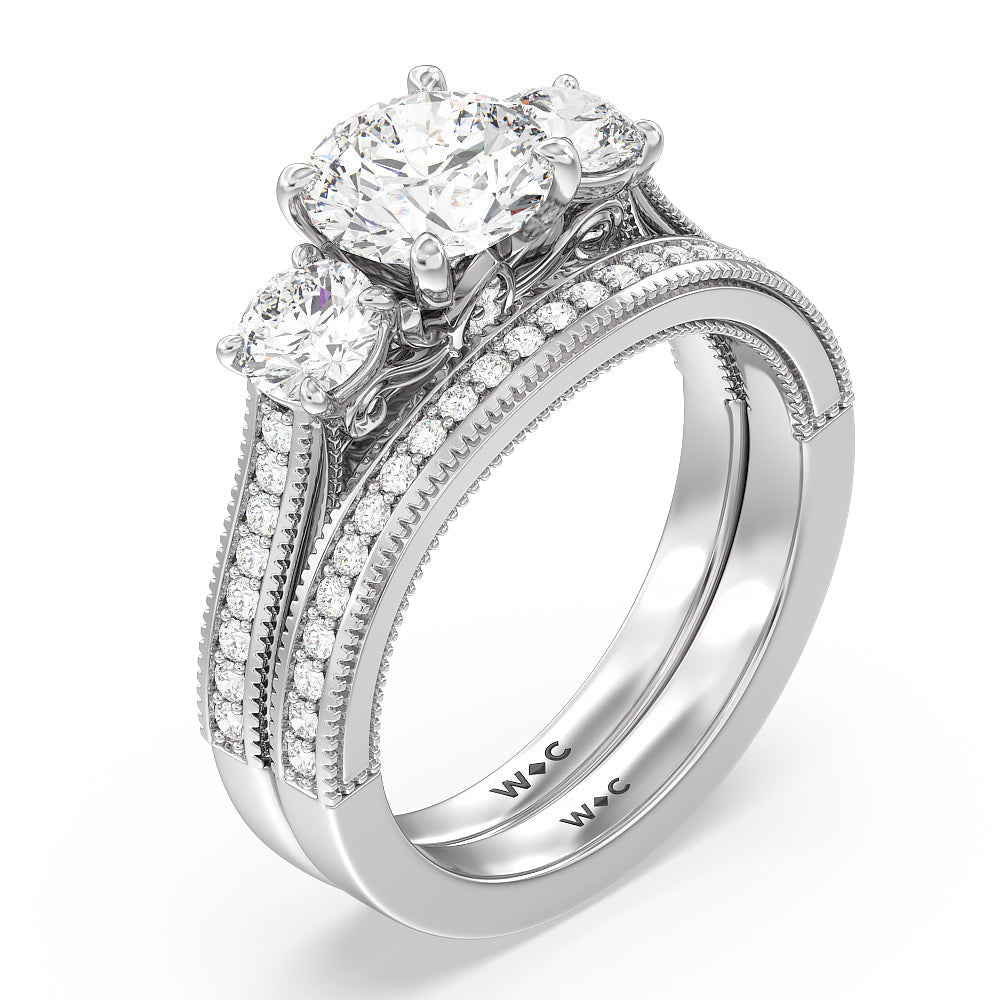 Vintage Grapevine Classic 3 Stone Diamond Wedding Band with Platinum Cut Diamond in 14KT Platinum view 3
