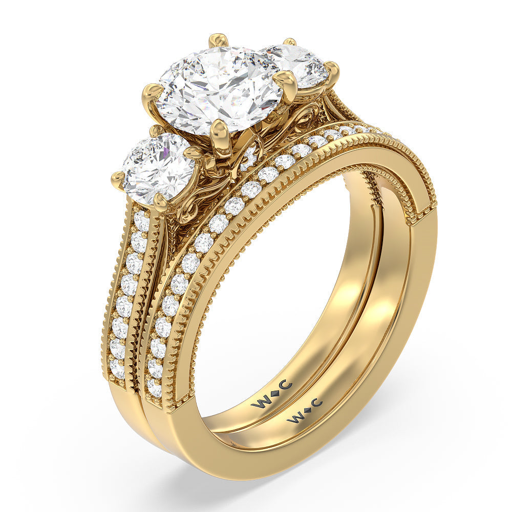 Vintage Grapevine Classic 3 Stone Diamond Wedding Band with 18KT Yellow Gold Cut Diamond in 14KT Yellow Gold view 3
