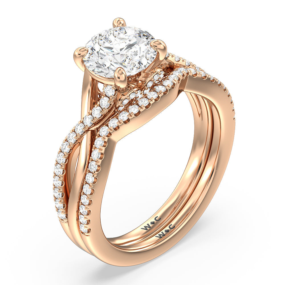 Vintage Glamour Ribbon Swirl Diamond Wedding Band with 18KT Rose Gold Cut Diamond in 14KT Rose Gold view 3
