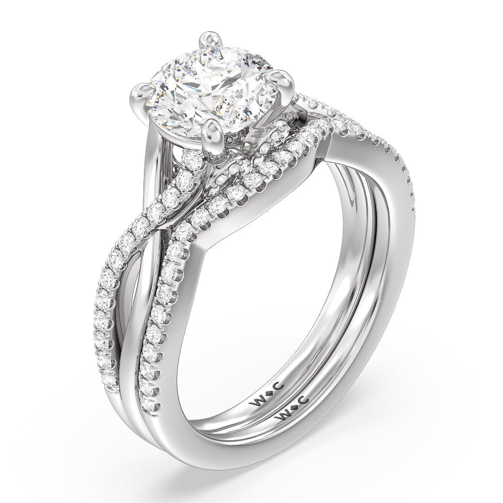 Vintage Glamour Ribbon Swirl Diamond Wedding Band with Platinum Cut Diamond in 14KT Platinum view 3

