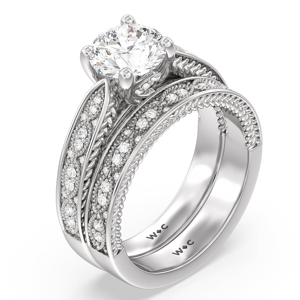 Vintage Hidden Halo Chevron Wedding Band with Platinum Cut Diamond in 14KT Platinum view 3
