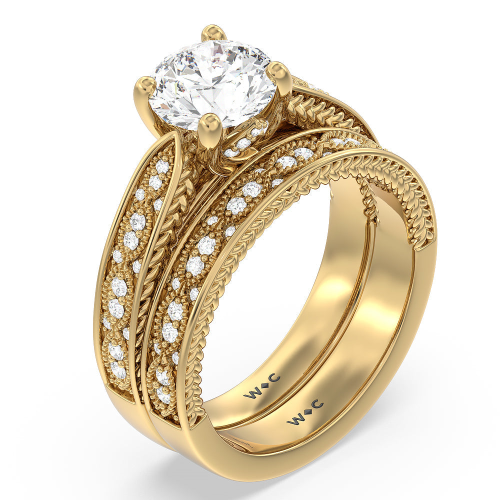 Vintage Hidden Halo Chevron Wedding Band with 18KT Yellow Gold Cut Diamond in 14KT Yellow Gold view 3
