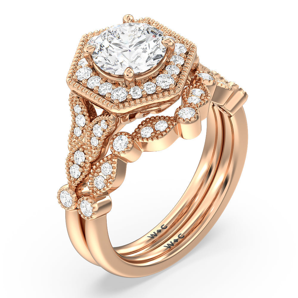Vintage Hexagonal Halo Diamond Wedding Band with 18KT Rose Gold Cut Diamond in 14KT Rose Gold view 3
