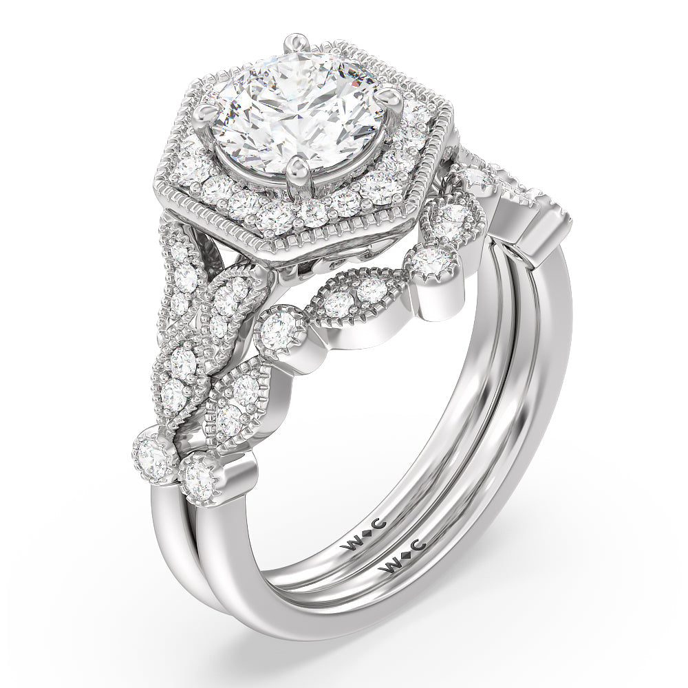 Vintage Hexagonal Halo Diamond Wedding Band with Platinum Cut Diamond in 14KT Platinum view 3
