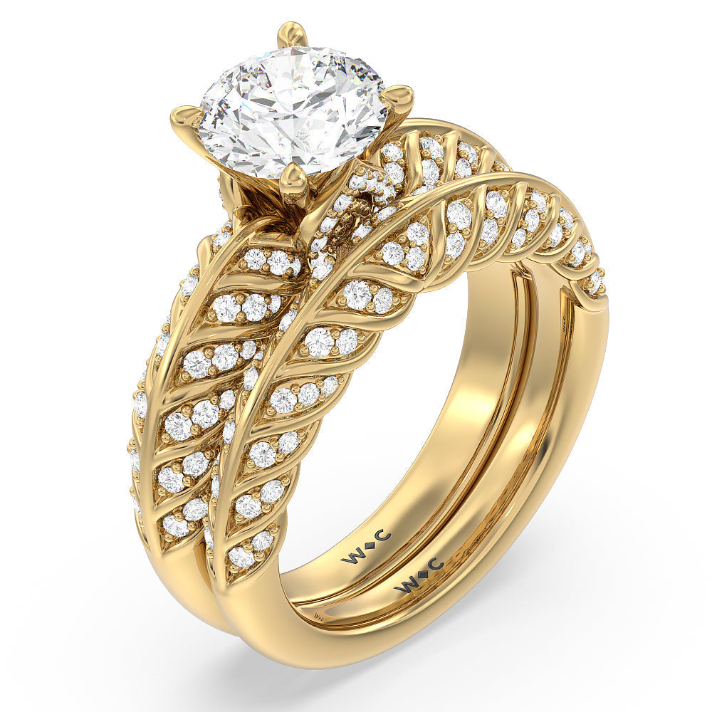 Vintage Chevron Classic Diamond Wedding Band with 18KT Yellow Gold Cut Diamond in 14KT Yellow Gold view 3
