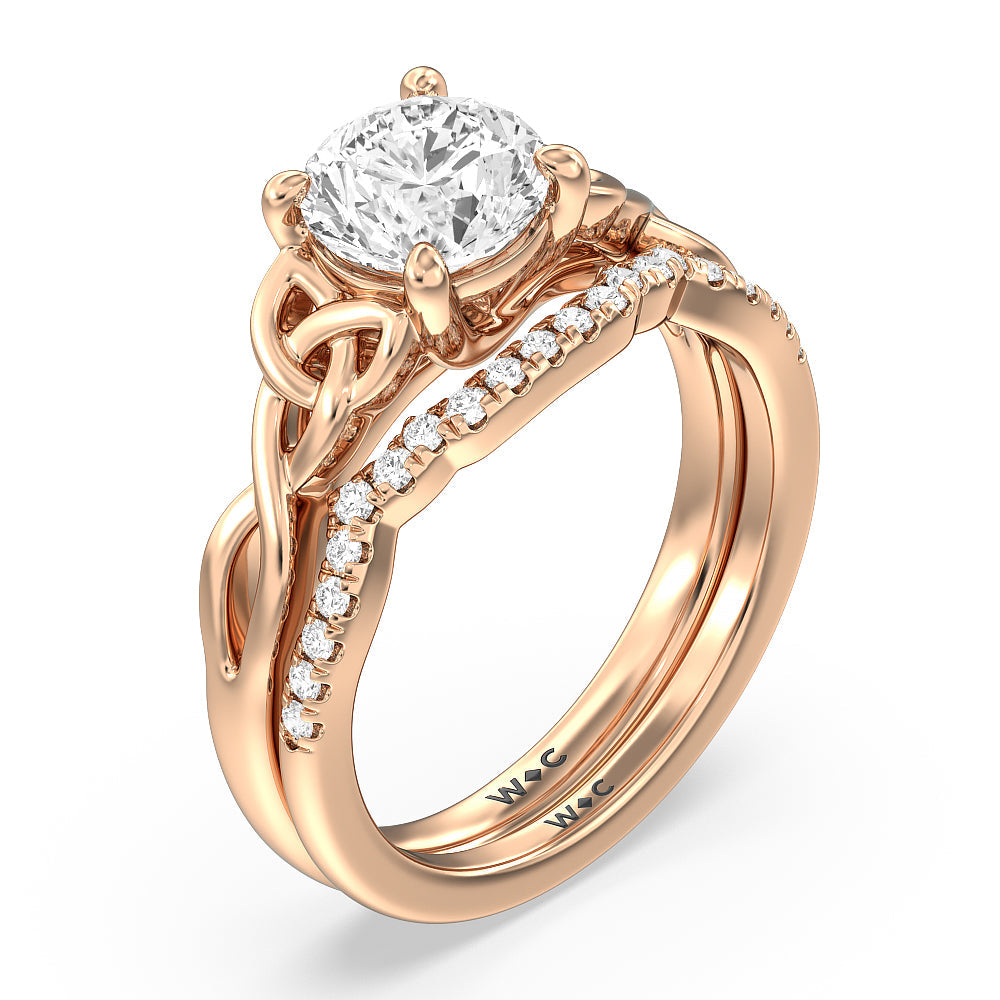 Vintage Celtic Entwined Trinity Knot Diamond Wedding Band (E+ VS+) with 18KT Rose Gold Cut Diamond in 14KT Rose Gold view 4
