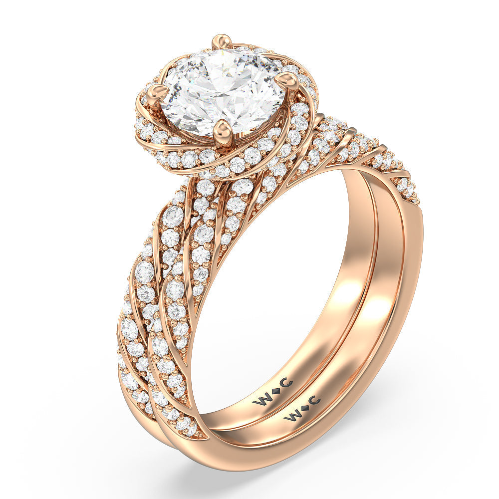 Vintage Floral Diamond Wedding Band with 18KT Rose Gold Cut Diamond in 14KT Rose Gold view 3
