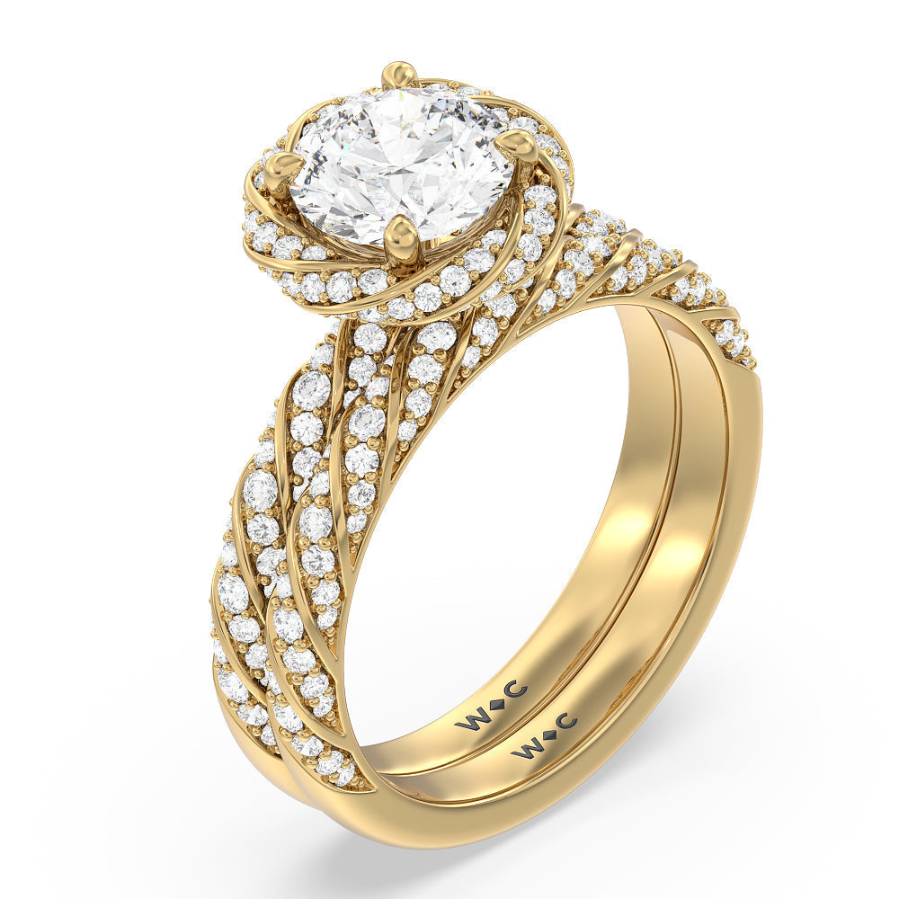 Vintage Floral Diamond Wedding Band with 18KT Yellow Gold Cut Diamond in 14KT Yellow Gold view 3
