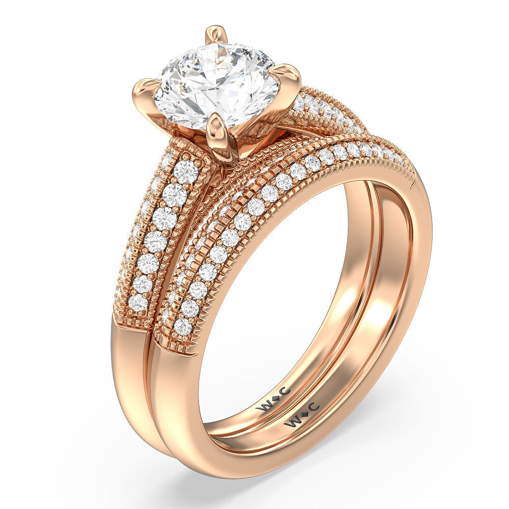 Vintage Pave Knife Edge Cathedral Diamond Wedding Band with 18KT Rose Gold Cut Diamond in 14KT Rose Gold view 3
