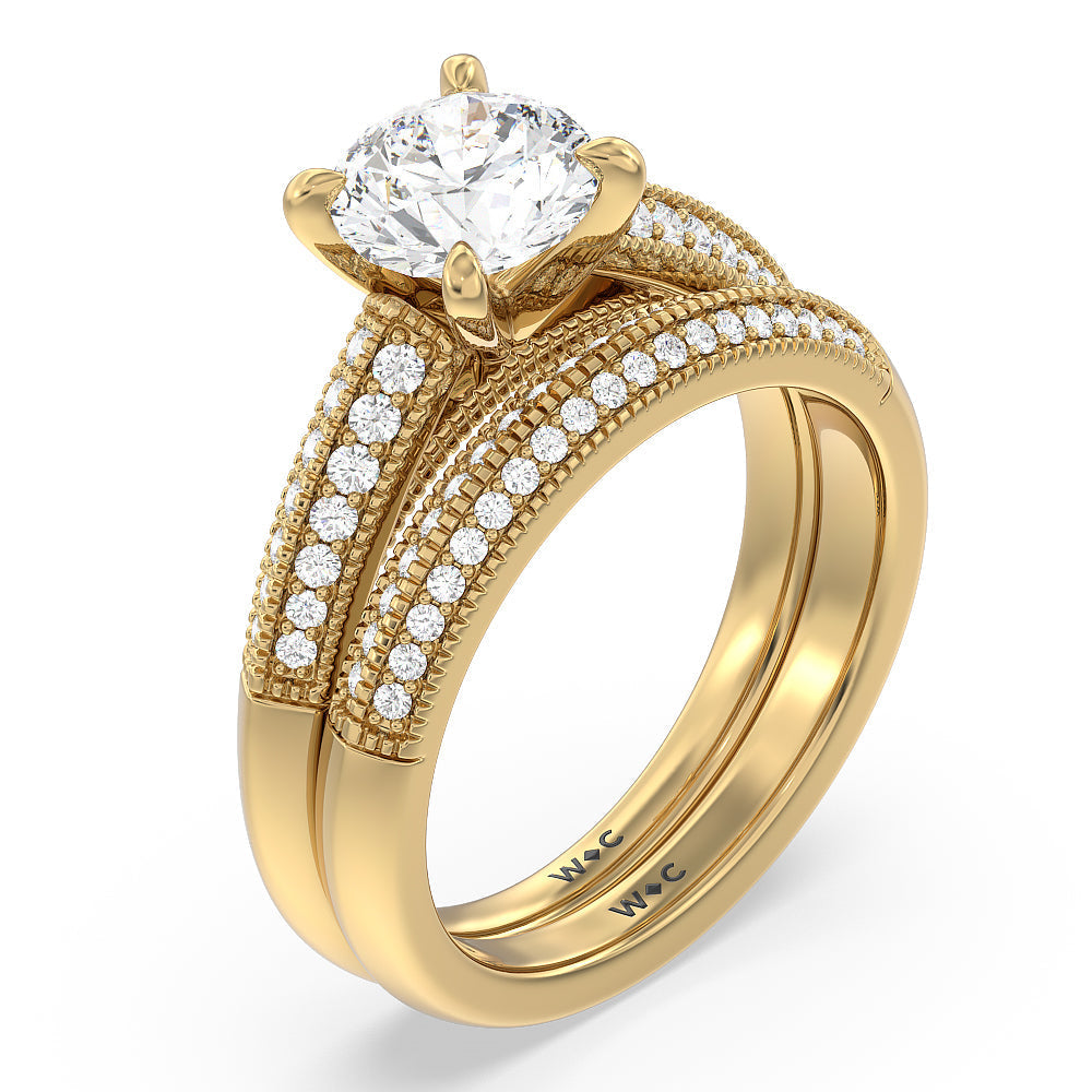 Vintage Pave Knife Edge Cathedral Diamond Wedding Band with 18KT Yellow Gold Cut Diamond in 14KT Yellow Gold view 3
