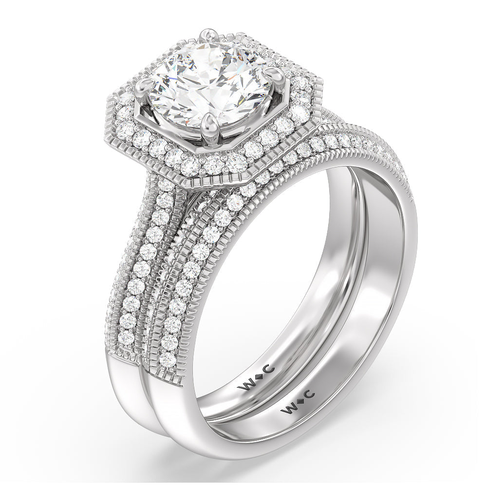Vintage Octagon Halo Knife Edge Diamond Wedding Band with Platinum Cut Diamond in 14KT Platinum view 4
