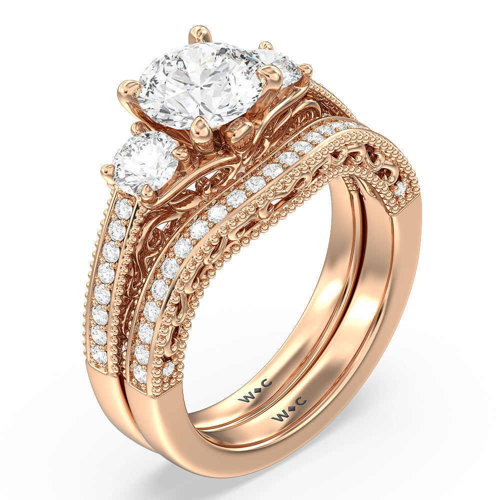 Vintage Grapevine Scroll 3 Stone Diamond Wedding Band with 18KT Rose Gold Cut Diamond in 14KT Rose Gold view 3
