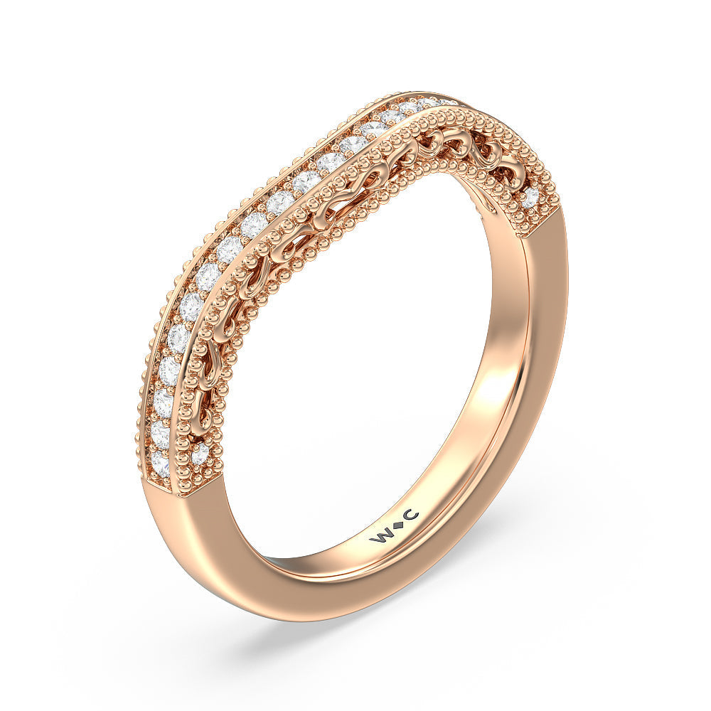 Vintage Grapevine Scroll 3 Stone Diamond Wedding Band with 18KT Rose Gold Cut Diamond in 14KT Rose Gold view 4
