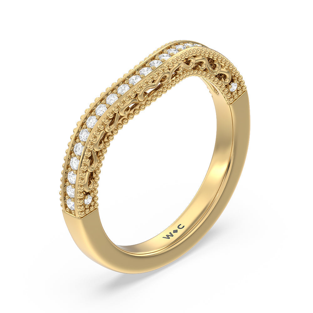 Vintage Grapevine Scroll 3 Stone Diamond Wedding Band with 18KT Yellow Gold Cut Diamond in 14KT Yellow Gold view 4

