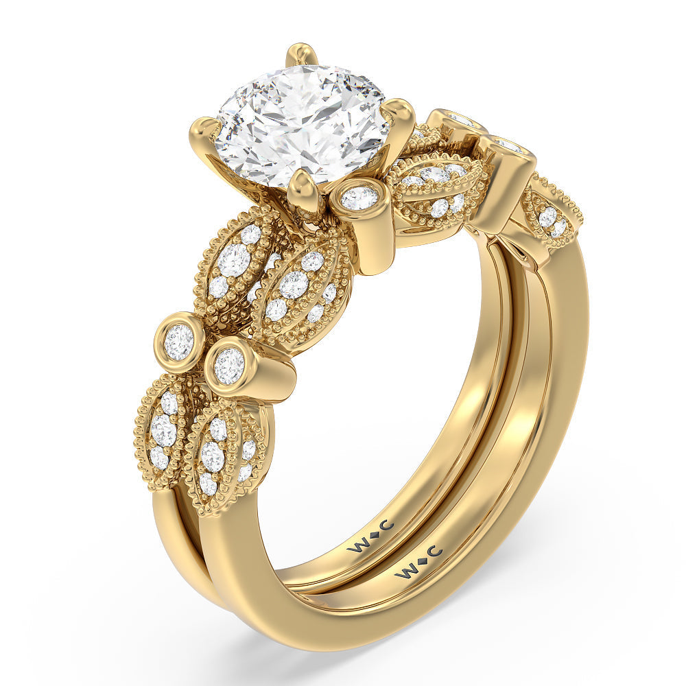 Vintage Art Deco Diamond Wedding Band with 18KT Yellow Gold Cut Diamond in 14KT Yellow Gold view 3
