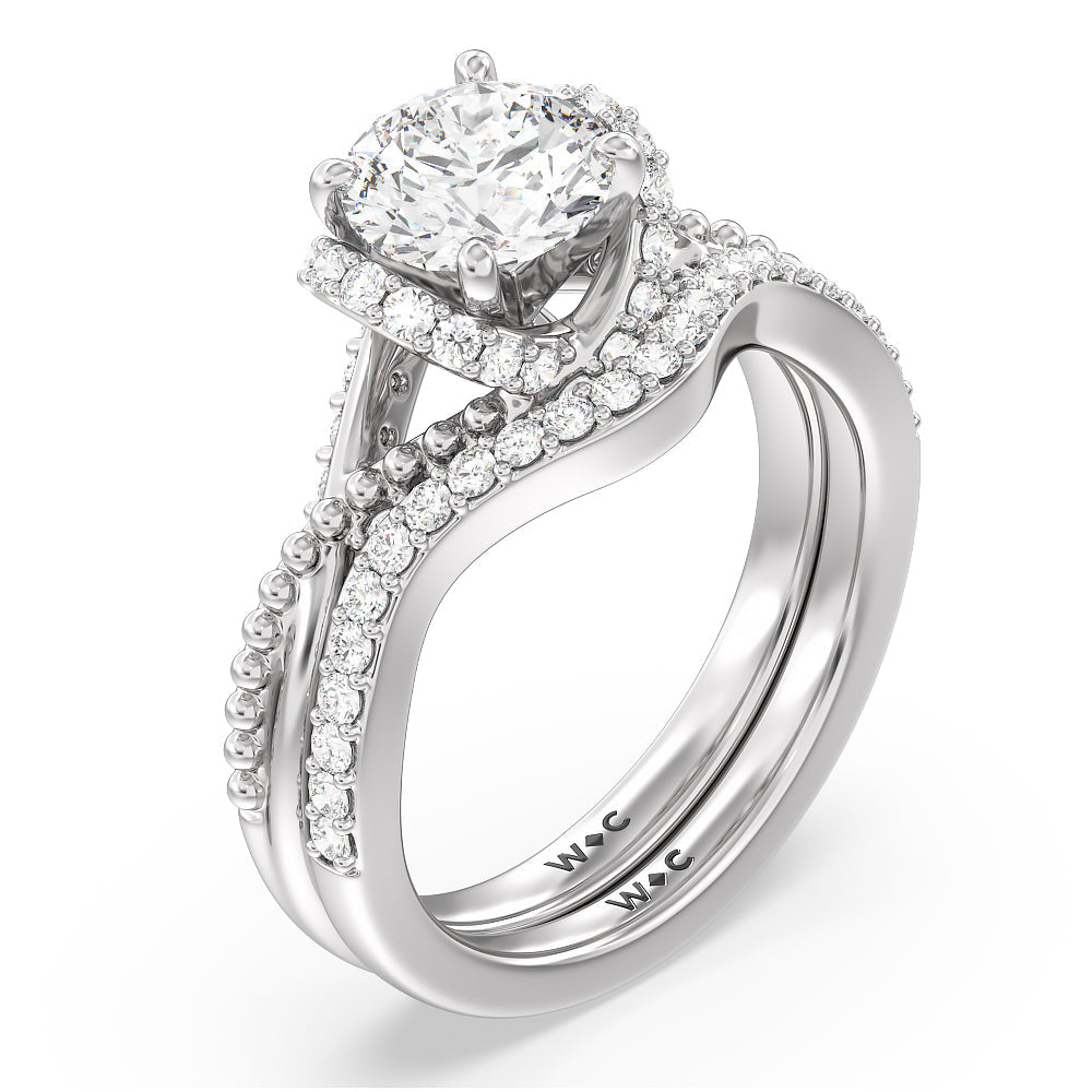 Vintage Glamour Ribbon Diamond Wedding Band with Platinum Cut Diamond in 14KT Platinum view 3

