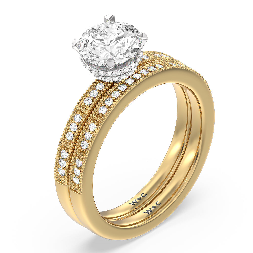 Pave Diamond Double Hidden Halo Wedding Band with 18KT Yellow Gold Cut Diamond in 14KT Yellow Gold view 3
