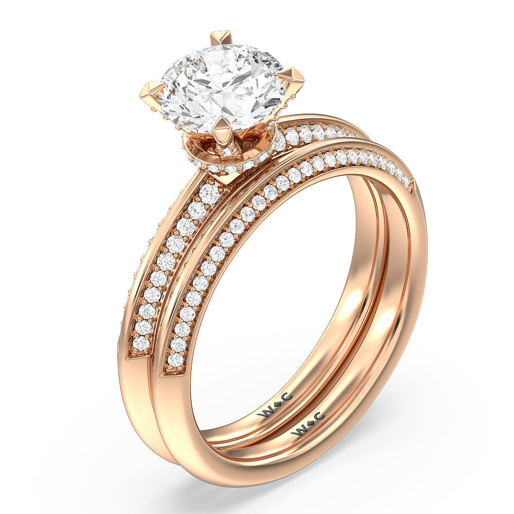 Pave Prong Hidden Halo Diamond Wedding Band with 18KT Rose Gold Cut Diamond in 14KT Rose Gold view 3
