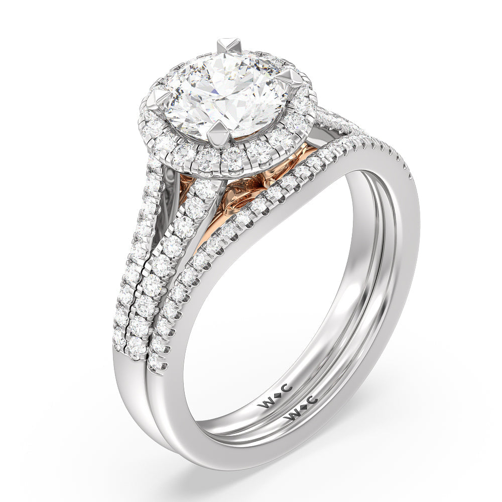 Split Shank Cathedral Halo Engagement Ring with Round Cut Diamond in 14KT White & Rose Gold view 4
