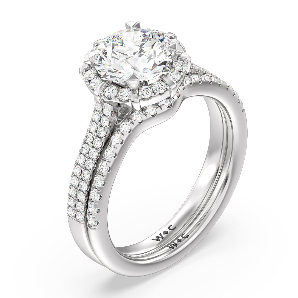 Double Pave Modern Halo Diamond Wedding Band with Platinum Cut Diamond in 14KT Platinum view 3
