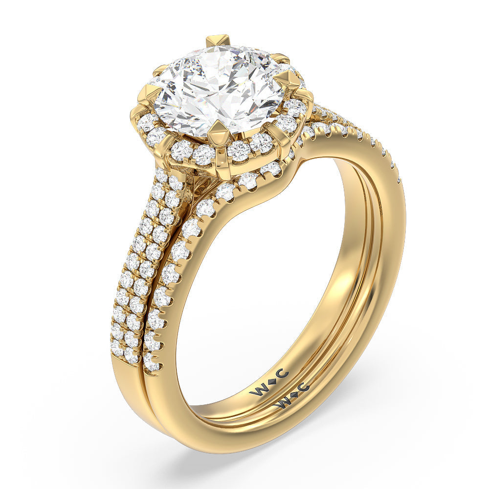 Double Pave Modern Halo Diamond Wedding Band with 18KT Yellow Gold Cut Diamond in 14KT Yellow Gold view 3
