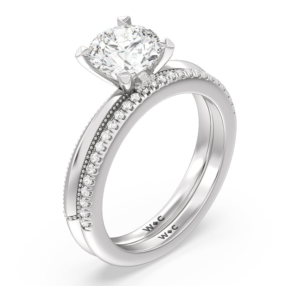 Milgrain Knife Edge Hidden Accent Diamond Wedding Band with Platinum Cut Diamond in 14KT Platinum view 3
