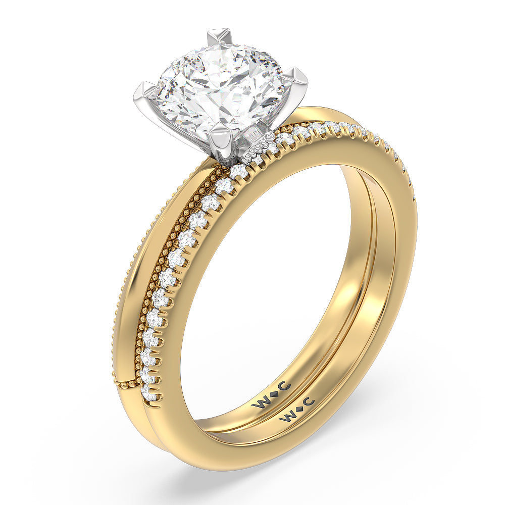 Milgrain Knife Edge Hidden Accent Diamond Wedding Band with 18KT Yellow Gold Cut Diamond in 14KT Yellow Gold view 3
