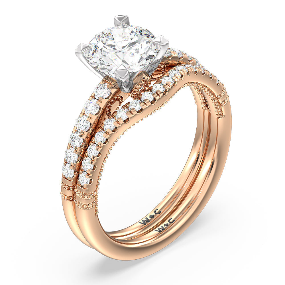 Milgrain Scroll Hidden Accent Diamond Wedding Band with 18KT Rose Gold Cut Diamond in 14KT Rose Gold view 3
