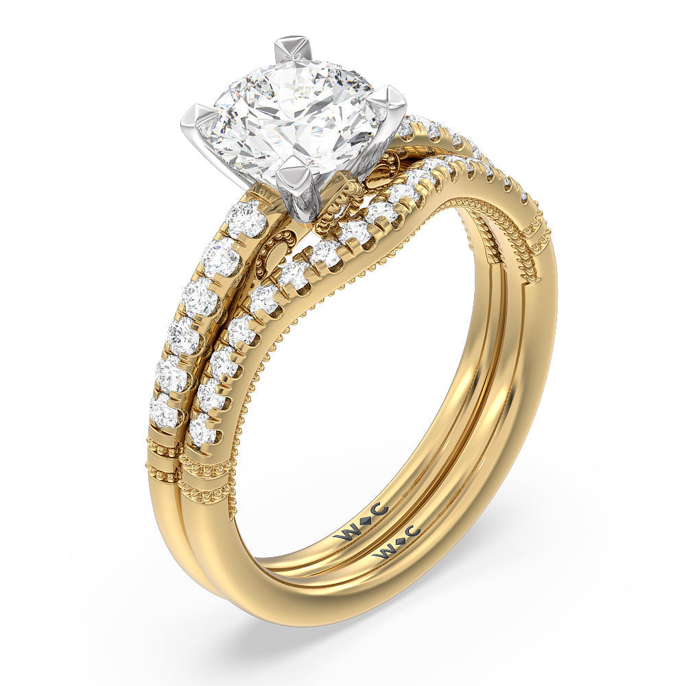 Milgrain Scroll Hidden Accent Diamond Wedding Band with 18KT Yellow Gold Cut Diamond in 14KT Yellow Gold view 2
