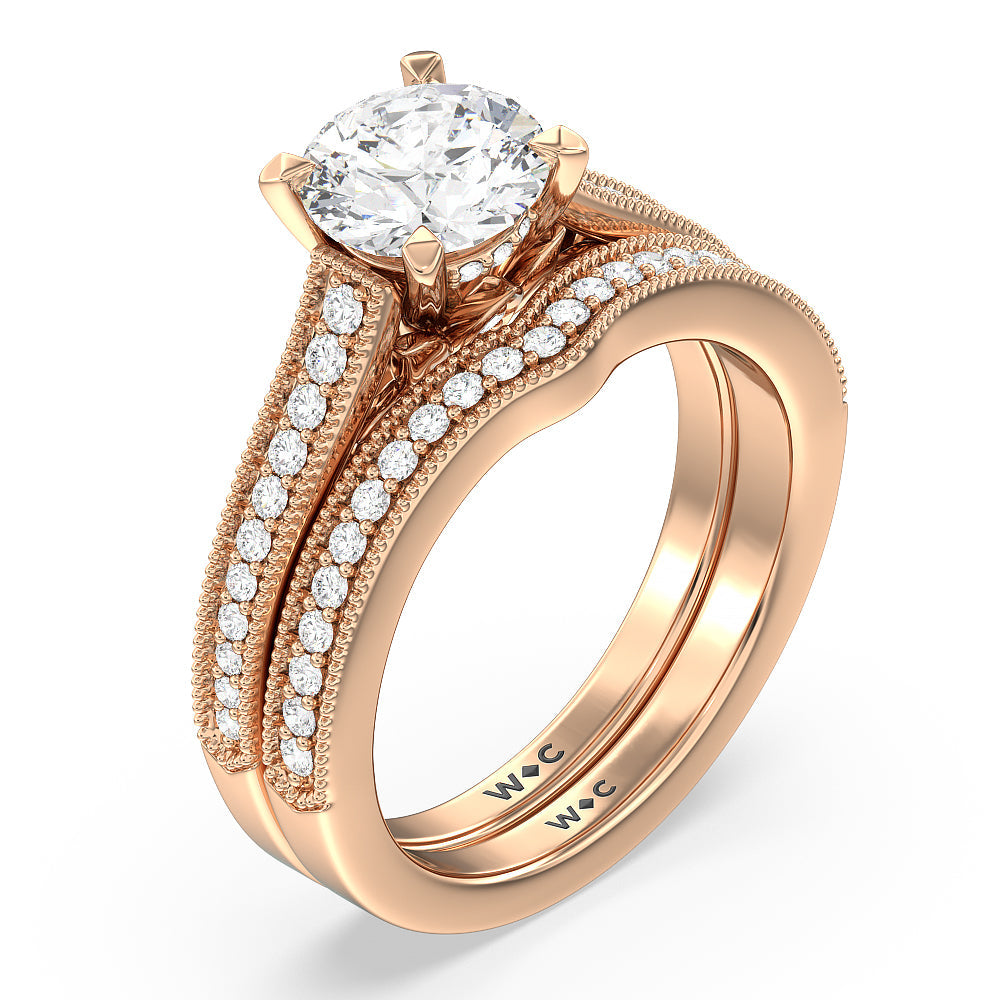 Petal Hidden Accent Milgrain Diamond Wedding Band with 18KT Rose Gold Cut Diamond in 14KT Rose Gold view 3
