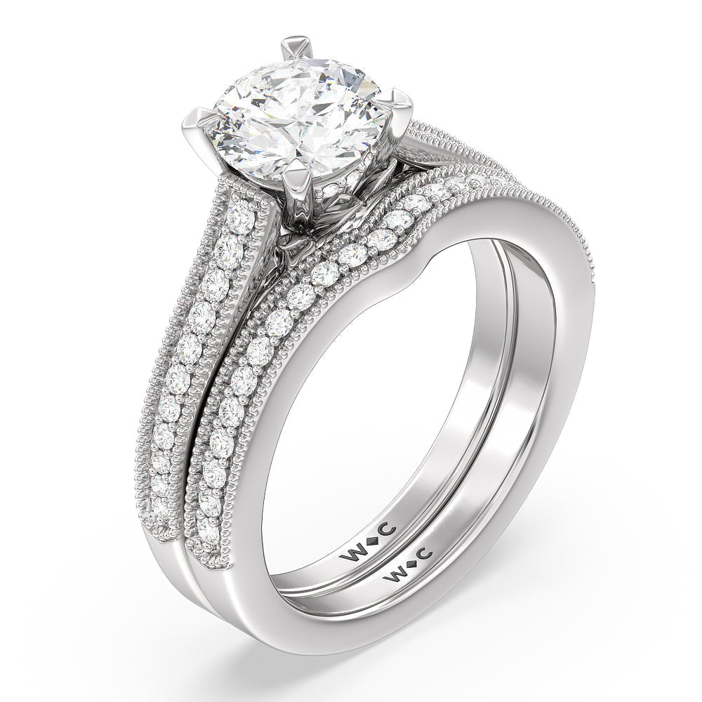 Petal Hidden Accent Milgrain Diamond Wedding Band with Platinum Cut Diamond in 14KT Platinum view 3

