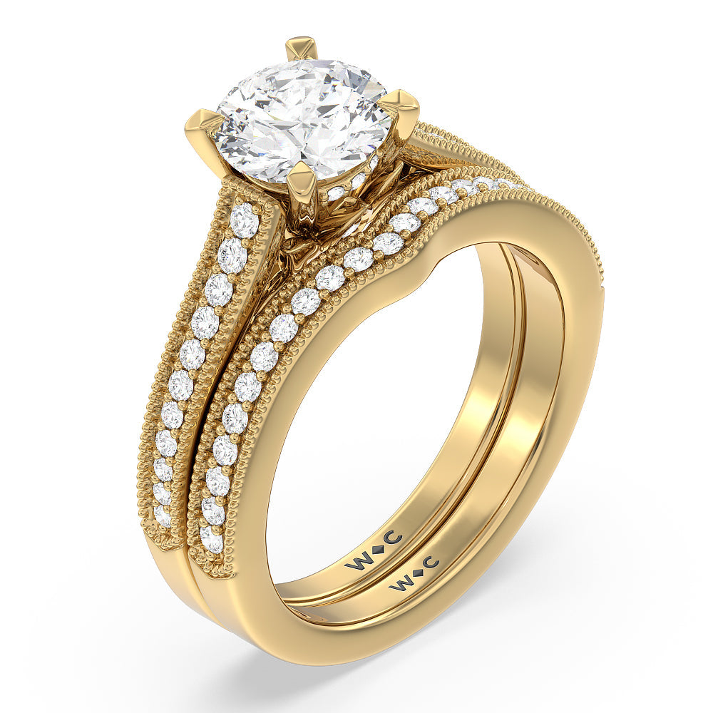 Petal Hidden Accent Milgrain Diamond Wedding Band with 18KT Yellow Gold Cut Diamond in 14KT Yellow Gold view 3

