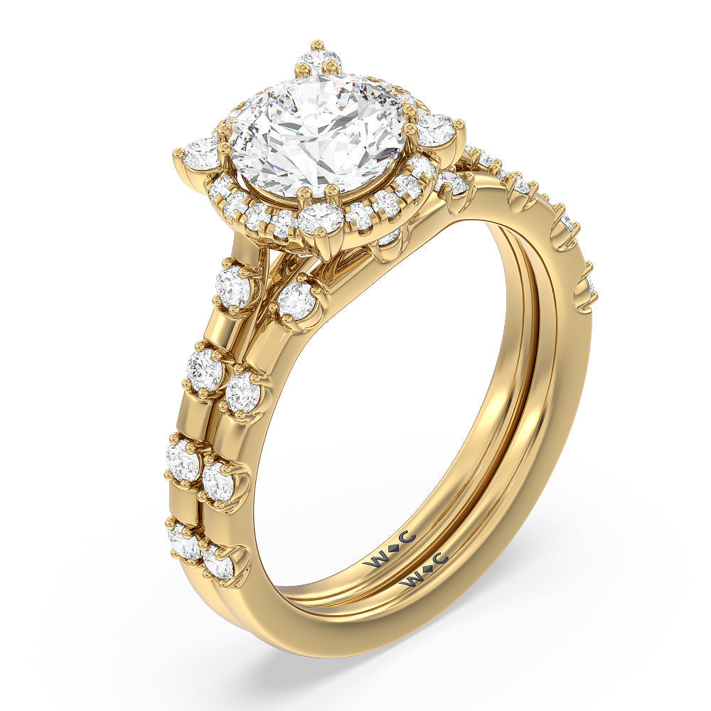 Fancy Pave Halo Diamond Wedding Band with 18KT Yellow Gold Cut Diamond in 14KT Yellow Gold view 3

