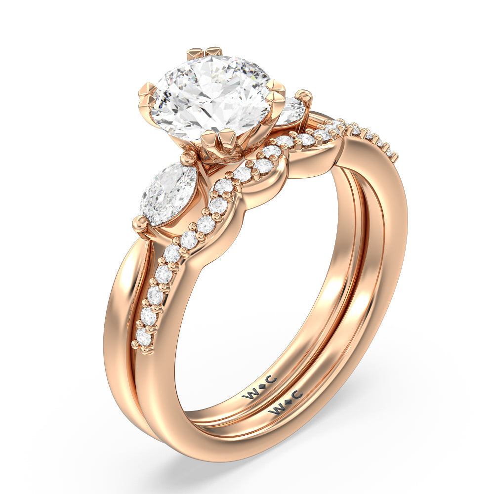 Fine Line Marquise Three Stone Diamond Wedding Band with 18KT Rose Gold Cut Diamond in 14KT Rose Gold view 3
