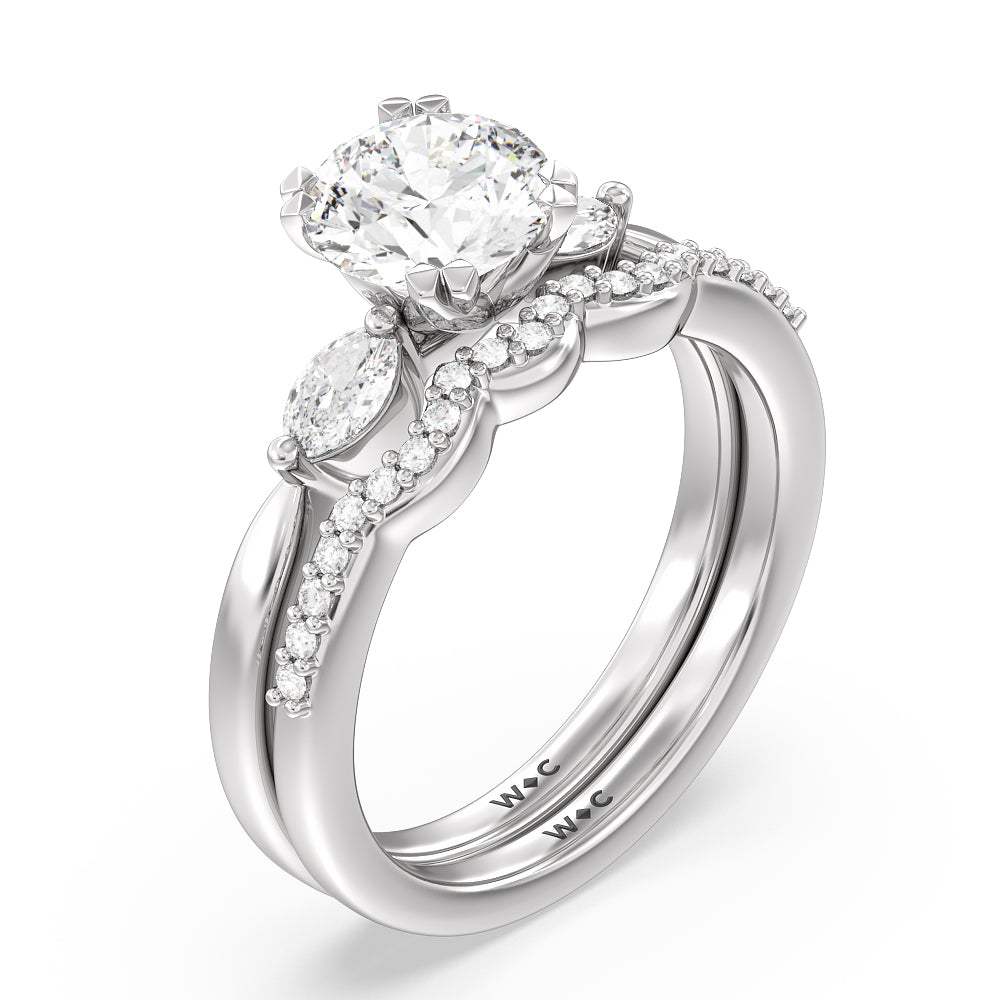 Fine Line Marquise Three Stone Diamond Wedding Band with Platinum Cut Diamond in 14KT Platinum view 3
