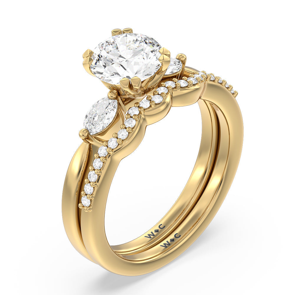 Fine Line Marquise Three Stone Diamond Wedding Band with 18KT Yellow Gold Cut Diamond in 14KT Yellow Gold view 3
