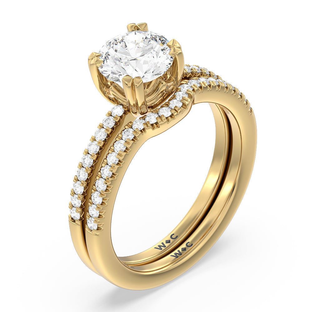 Fine Line Double Claw Diamond Wedding Band with 18KT Yellow Gold Cut Diamond in 14KT Yellow Gold view 3
