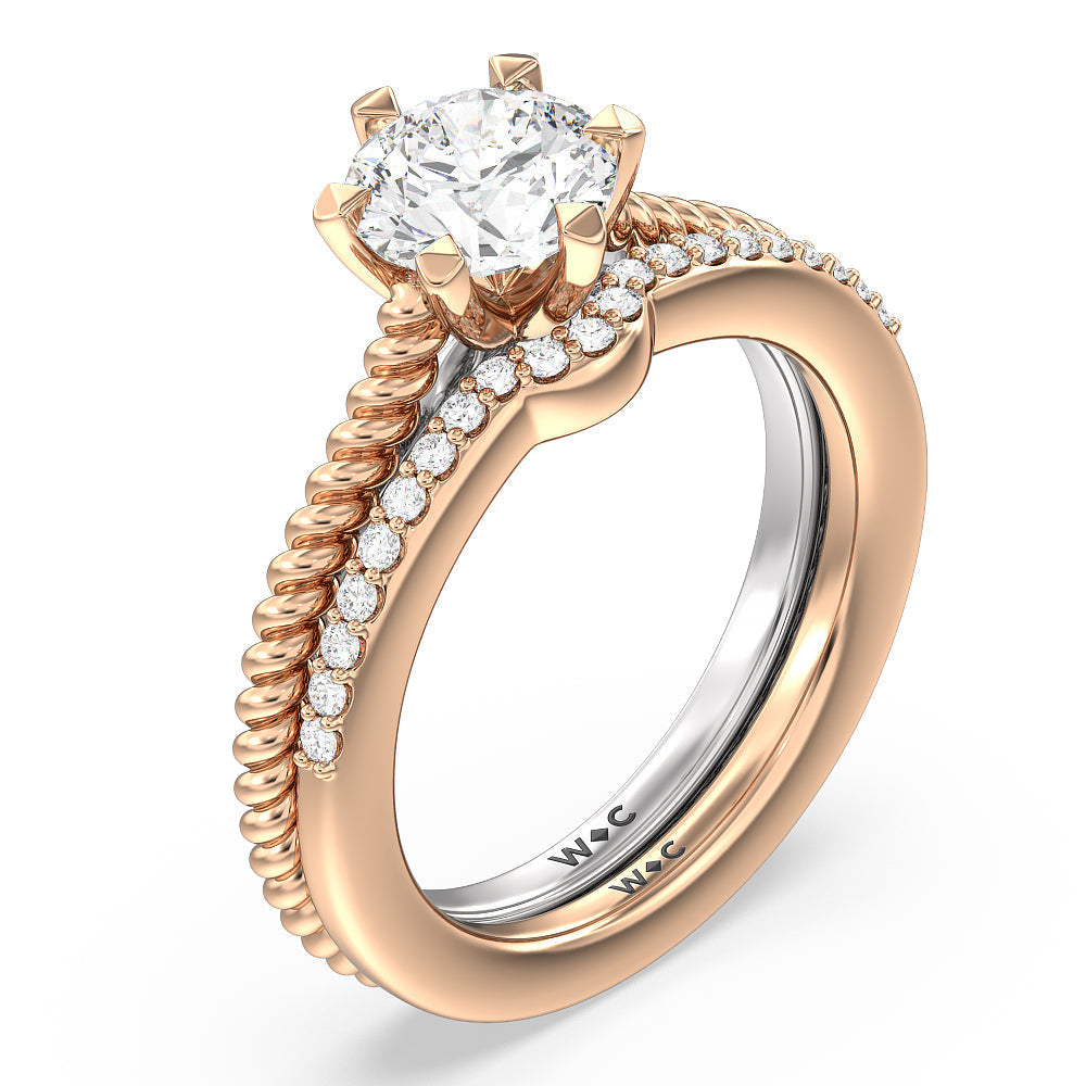 6 Claw Rope Fine Line Diamond Wedding Band with 18KT Rose Gold Cut Diamond in 14KT Rose Gold view 3
