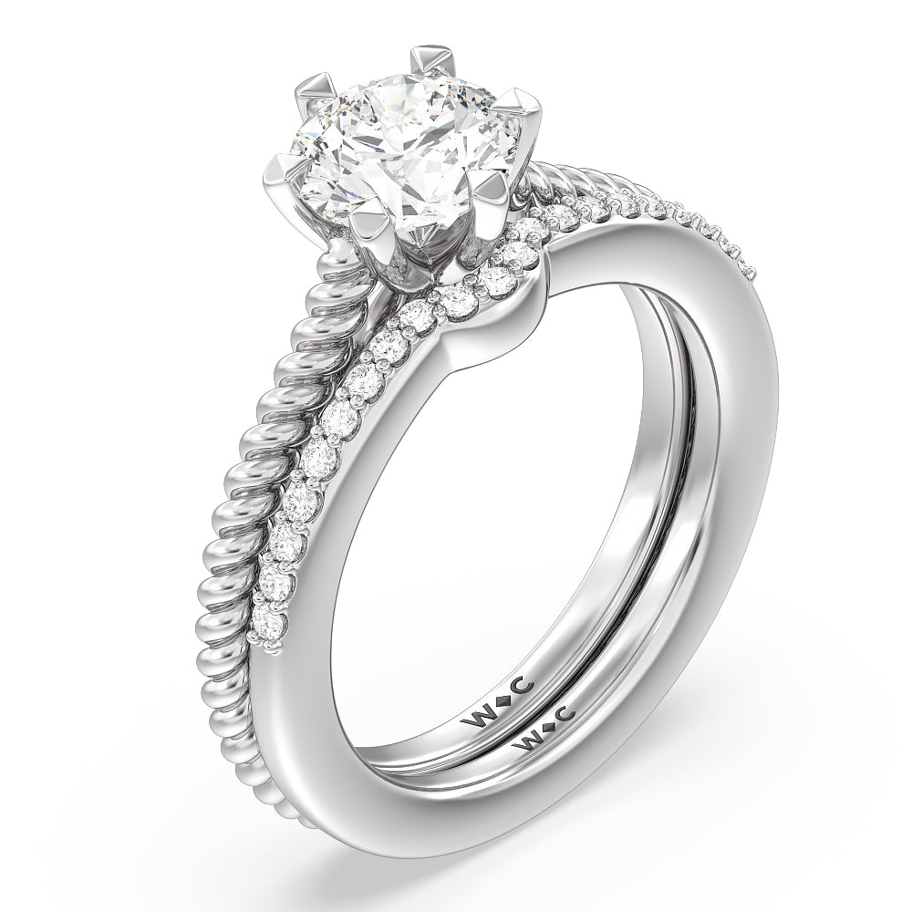6 Claw Rope Fine Line Diamond Wedding Band with Platinum Cut Diamond in 14KT Platinum view 3
