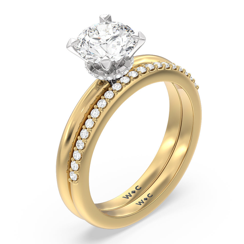 Modern Fine Line Diamond Wedding Band with 18KT Yellow Gold Cut Diamond in 14KT Yellow Gold view 3

