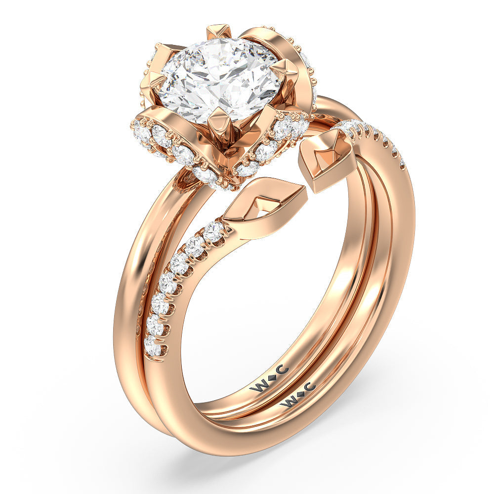 Begonia Bud Diamond Wedding Band with 18KT Rose Gold Cut Diamond in 14KT Rose Gold view 3
