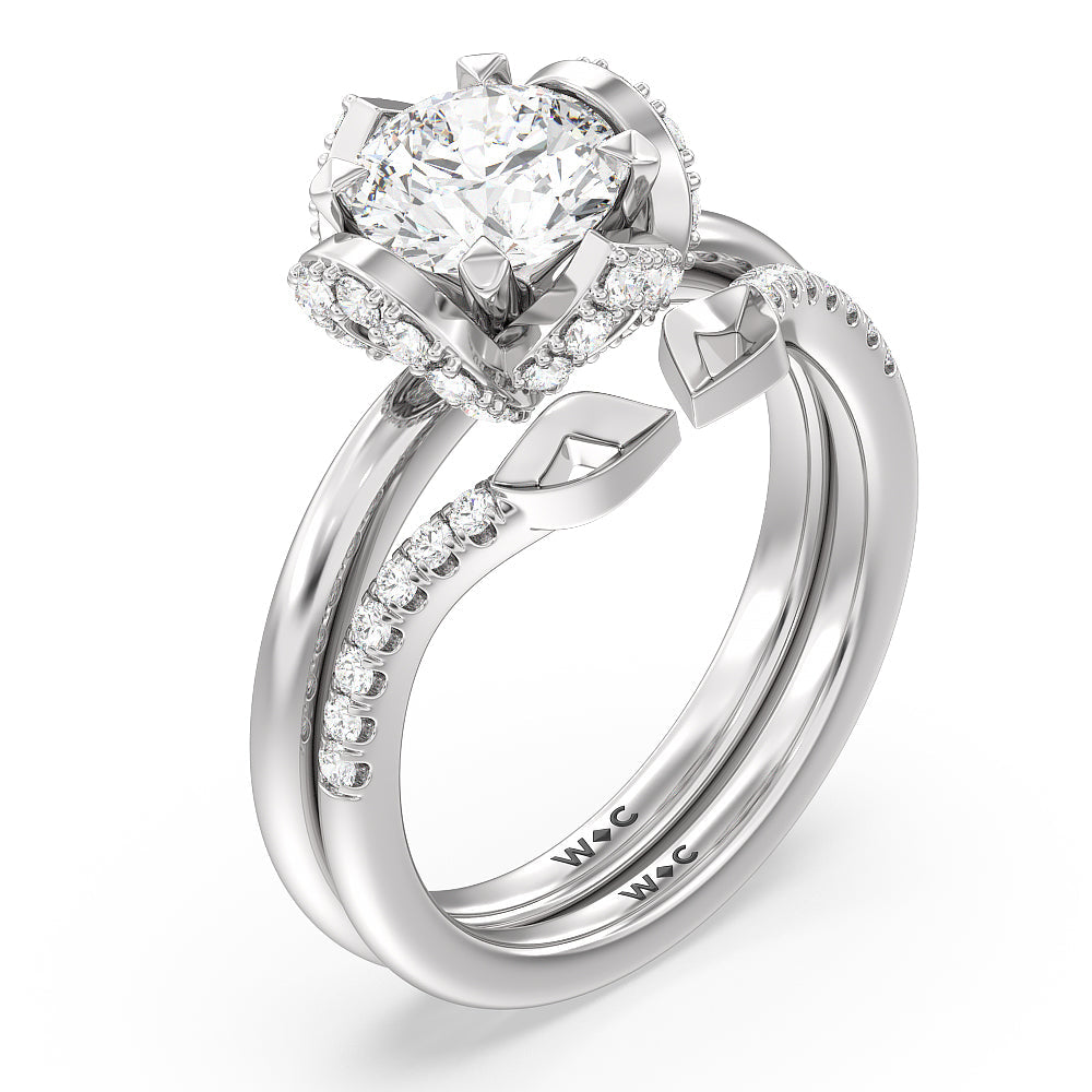 Begonia Bud Diamond Wedding Band with Platinum Cut Diamond in 14KT Platinum view 3
